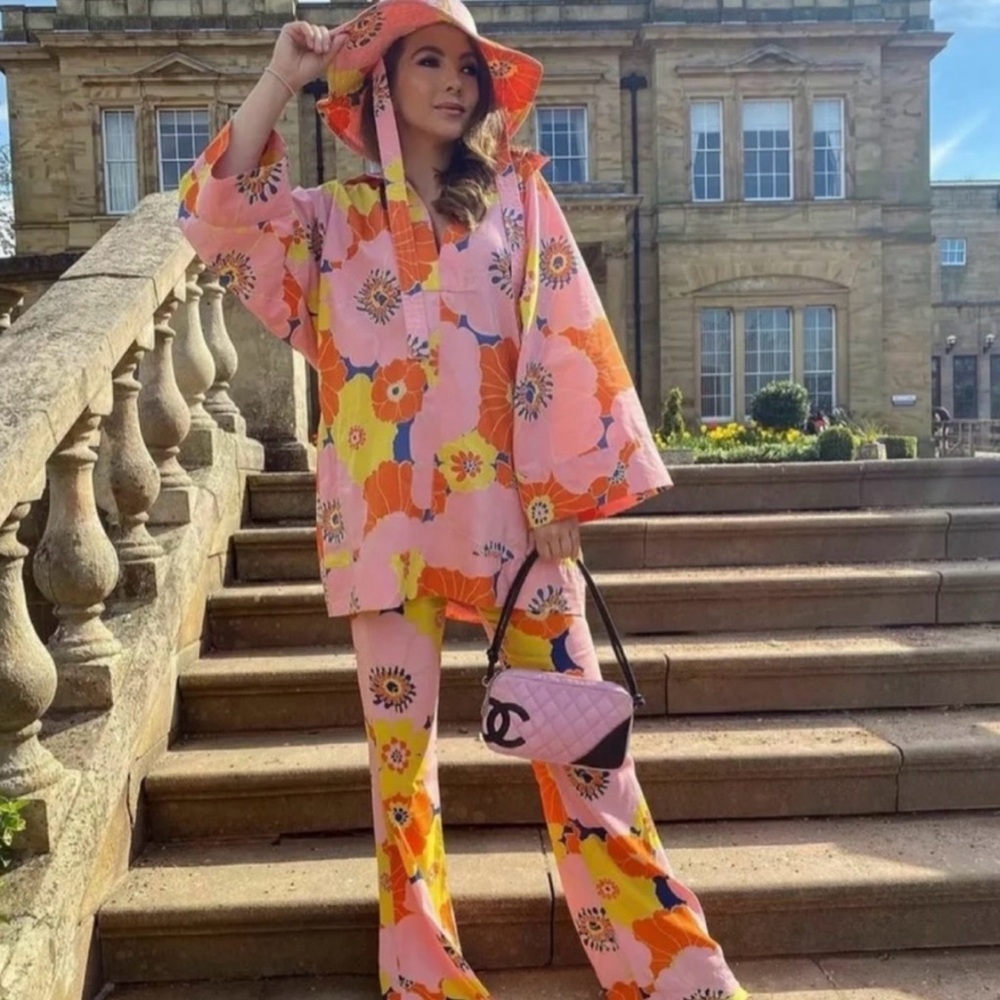 Zara Retro Pink Orange Yellow Floral Printed Oversized Tunic Size Small with hat - Picture 2 of 10